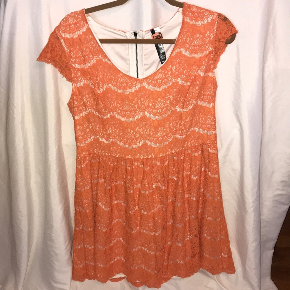 Orange lace short sleeve cocktail dress